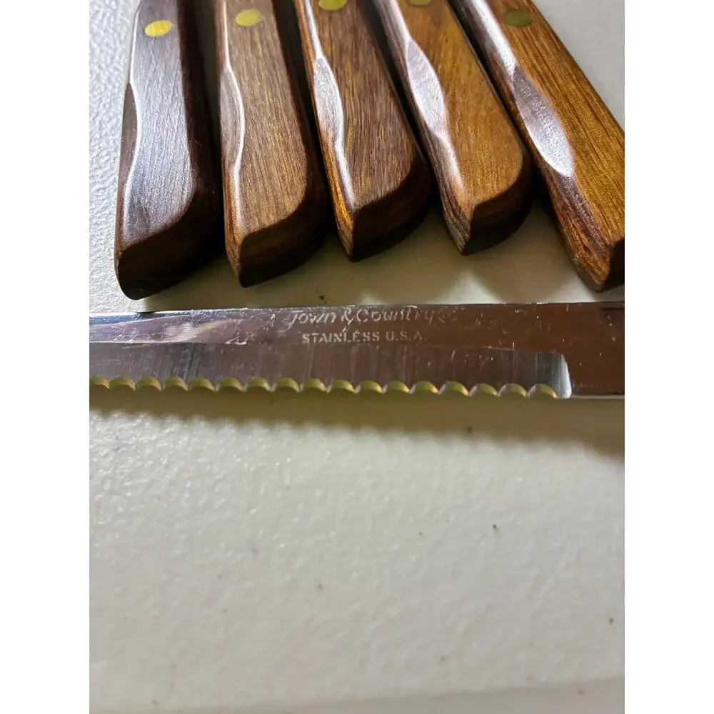 Vintage Town & Country Washington Forge 6 Steak Knives Wood Wall Rack Set USA